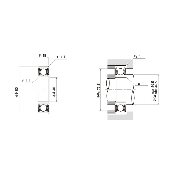 Drawing of NSK 6208DDUCM sealed deep groove ball bearing with dimensions.