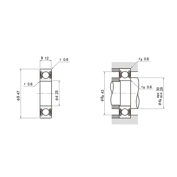 Drawing of NSK 6005DDUCM sealed deep groove ball bearing with dimensions
