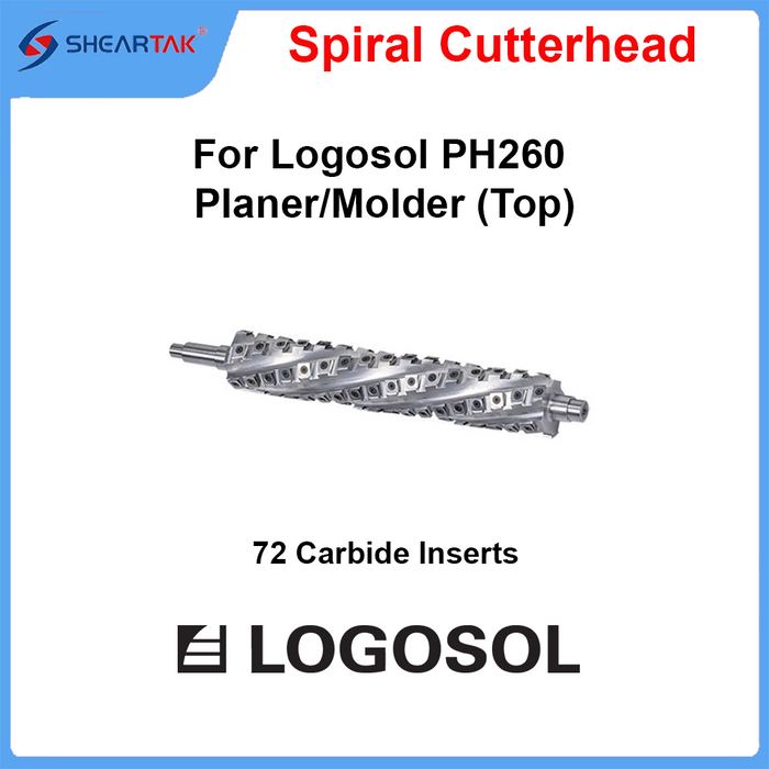 Sheartak Spiral Cutterhead for Logosol PH260 Four-sided planer/moulder (Upper) wih 72 Carbide Cutters