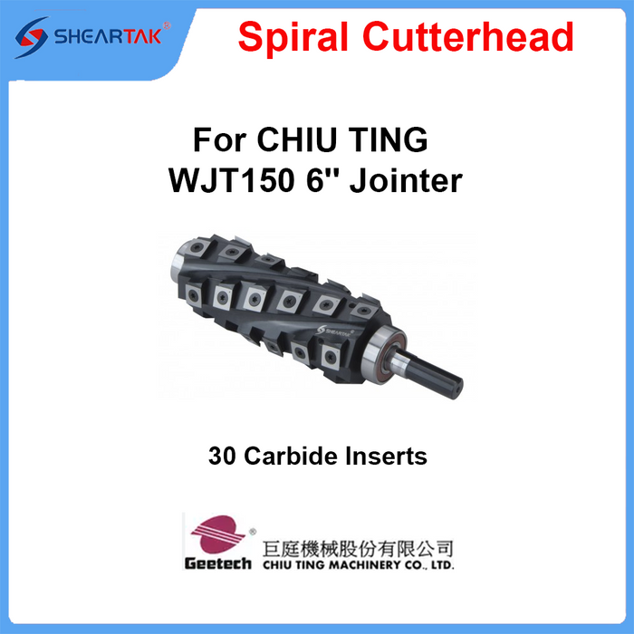 Sheartak Spiral Cutterhead for CHIU TING  WJT-150 6'' Jointer Installed with 30 Carbide Inserts, Pair of Japan Premium Bearings